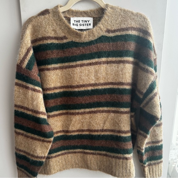 The Tiny Big Sister Sweaters - The Tiny Big Sister Women's Striped Crew Neck Sweater - Brown and Green